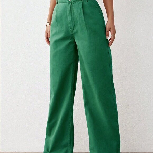 Dark Green Casual Women's High Waist Wide Leg Jeans - Picture 4 of 5